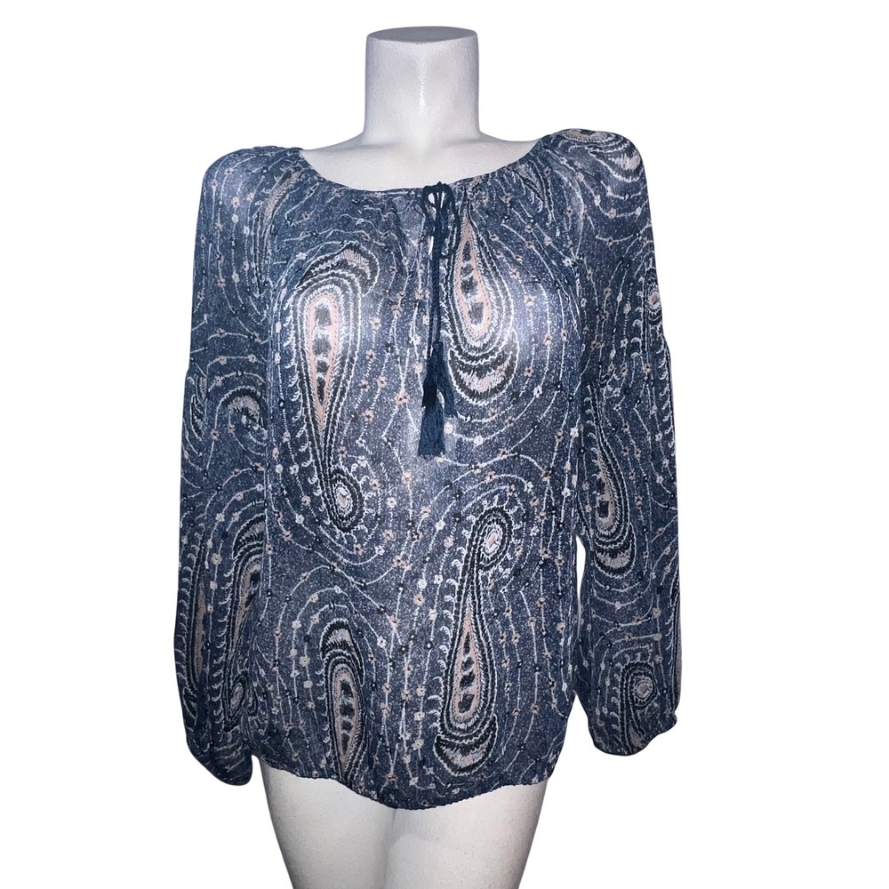 Lucky Brand Top Womens Size L Navy Paisley‎ Sheer Peasant Blouse Tassel Tie Boho
